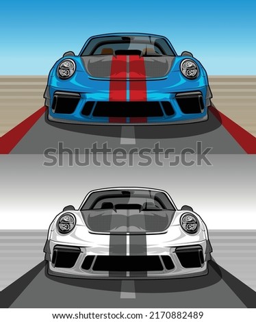 Front View European Sport Car Blue and White on the lines