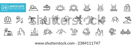 Collection of natural landscapes icon, mountains, waterfalls, beaches, bridges, editable and resizable vector EPS 10.