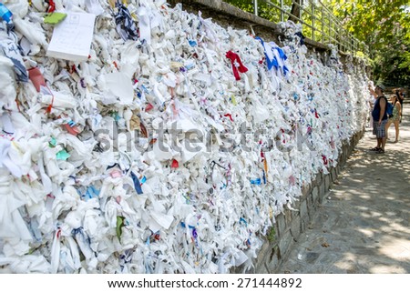 The wishing wall at the House of the Virgin Mary (Meryemana), believed to be the last residence of Mary, mother of Jesus. Ephesus, Turkey, 4. 6. 2014