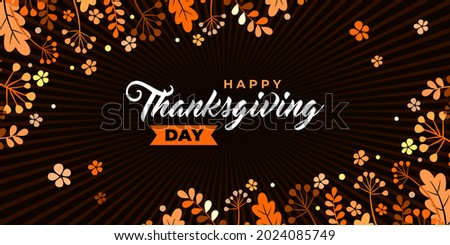 Happy thanksgiving day. Vector banner, greeting card with text Happy thanksgiving day for social media. Vignette, frame with autumn leaves and berries. Orange leaves of oak, ash on black background. Сток-фото © 