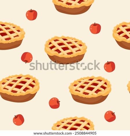 Apple pie pattern background. Sweet and tasty baked fruit pie from red apples seamless pattern