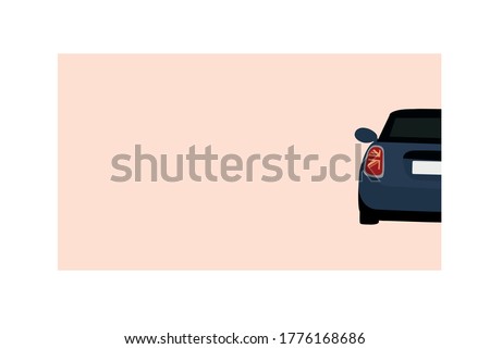 Mini cooper post card. Design for business cards. Cute blue car on pink background. Design  for a car service station, a car store, car wask. Picture for souvenirs.