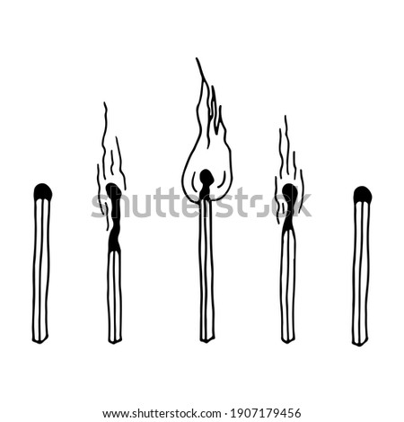 A set of matches. A whole and burning match with fire, a match with coal, with smoke. Vector illustration in doodle outline style on a white background.