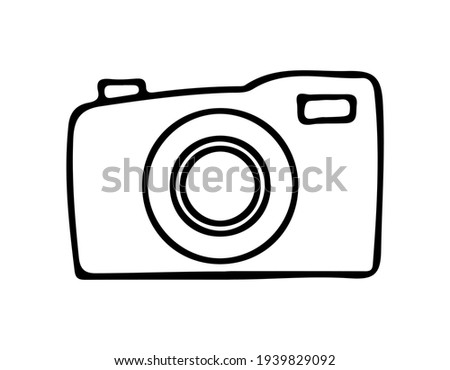 Camera, photo equipment. Digital technology. Vector illustration hand drawn in outline doodle style. Isolate on white background.