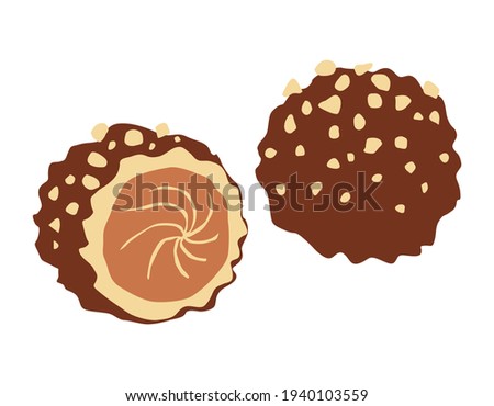 Two sweets. One whole, the other in a cut with cream filling and chocolate glaze. Sprinkled with nut crumbs. Vector illustration in color.