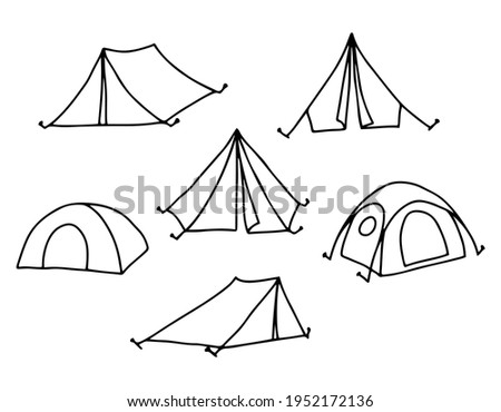 Camping tent set. Hiking, travel, camping.  Camping equipment for camping. Drawn by contour on a white background in doodle style. Vector.
