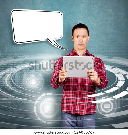 Asian man with speech bubble and touch pad in his hands embarrassed with news