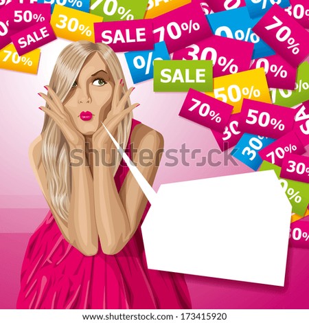 Sale concept. Surprised blonde in pink dress do not know what to buy
