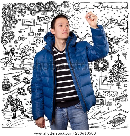 Asian man in blue down-padded coat, with winter fun sketch background