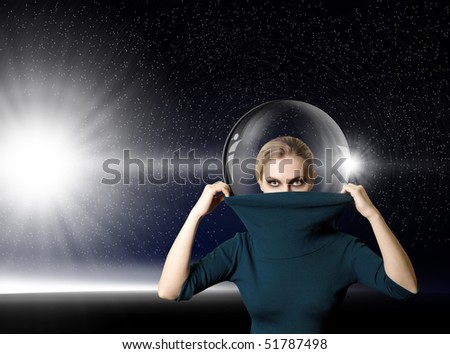 fashion ninja woman in space with glass space-suit