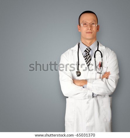 doctor in glasses smiles at camera isolated on different backgrounds