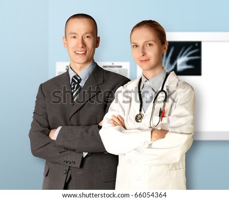 smiling business man and doctor isolated on different backgrounds