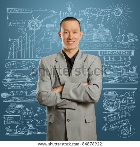 asian male businessman in suit, looking on camera