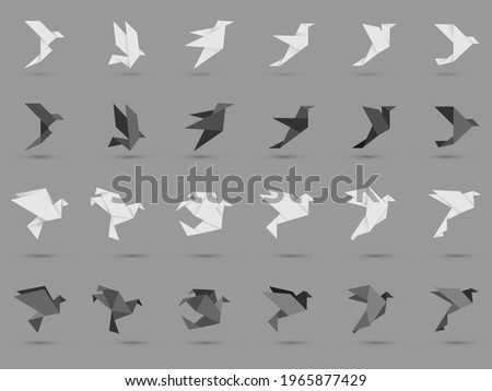 Origami birds with geometric shapes. dark and white themes. 24 unique origami birds icons.
