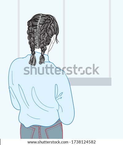 The woman stood looking at the window of his house.Doodle art concept,illustration painting