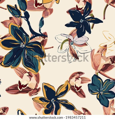 Floral Seamless pattern, beautiful flowers, artistic, modern abstract flora background, fashion textile print, elegant cute seamless print, tropical, leaves, flower, nature print for fabric, wallpaper