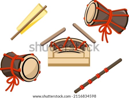 Musical instrument set of five musical accompaniment．Hinamatsuri illustrations, Japanese girl festival. Hinamatsuri material. Vector image.