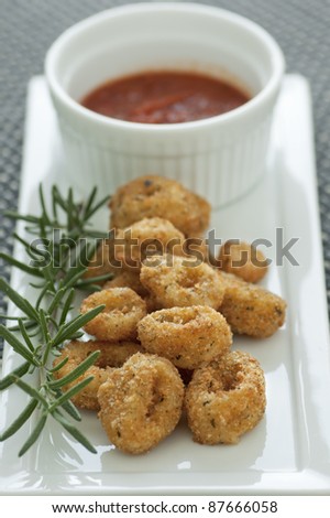 Breaded and deep fried calamari rings with marinara sauce