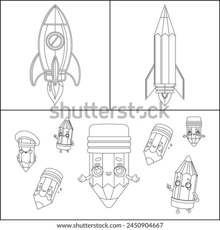 Pencil and Rocket coloring image set for kids vector