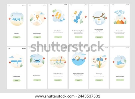 Illustration of error screens, handling exceptions, empty states. page not found 404, internal server error 500, bad gateway 502. Modern flat design concept of onboarding ui ux design.