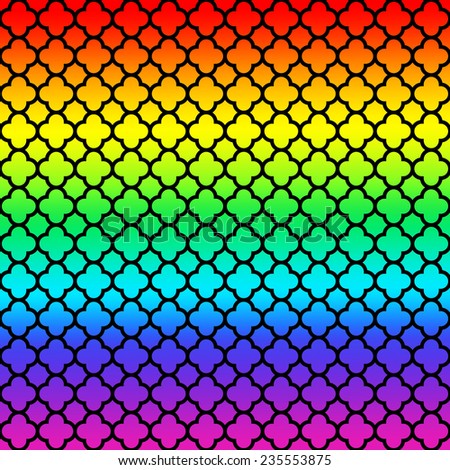 Abstract cloverleaf quatrefoil lattice pattern with black lattice on a bright rainbow gradient background in purple, blue, turquoise, green yellow, orange and red.