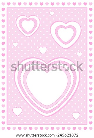 Valentine\'s card design with pink and white hearts and a pink spotty polka dot pattern. The larger hearts have space for text.