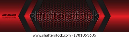 Red and black shapes, stripes and lines on a dark carbon fiber hexagonal background. Geometric shapes on a hexagonal red grid.