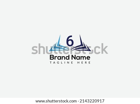 Education Logo On Letter 6 Template. Open Book Logo On 6 Letter, Initial Educational Sign Concept Template