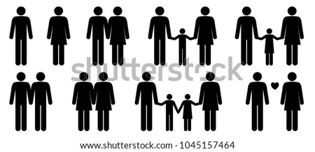 Set  of stick people in different poses isolated on white background. Different types of families. Simple design stick figures. Black and white Icon or logo. Flat style vector illustration.