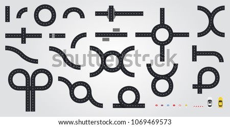 Road set for construction isolated on white background. Connectable highway elements. City constructor. view from above (top view). Map design. Road signs and cars. Flat style vector illustration.