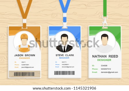 Modern plastic id card template with clasp and lanyard. Blue and white color mock up set. Colorful icon or logo collection. Simple realistic design. Cute cartoon style. Flat style vector illustration.