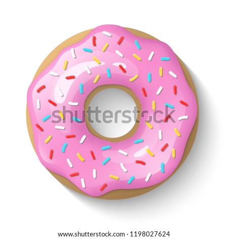 Donut isolated on a white background. Cute, colorful and glossy donuts with pink glaze and multicolored powder. Simple modern design. Realistic vector illustration.