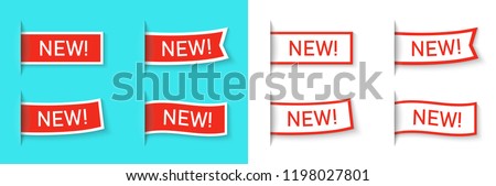 New label icon set isolated on a blue background. Side flag or bookmark. Red color special offer tag. Simple realistic design. Flat style vector illustration.