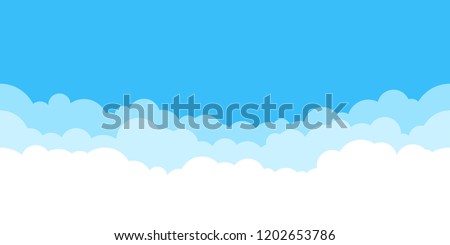 Blue sky with white clouds background. Border of clouds. Simple cartoon design. Flat style vector illustration. 