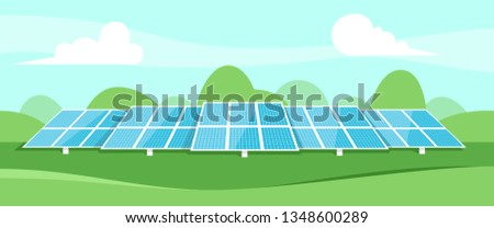 Solar energy. Solar batteries in the middle of a green field. Landscape on the back. Clear modern design. Simple design template. Beautiful background. Flat style vector illustration. 