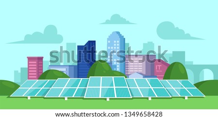 Solar energy. Solar batteries in the middle of a green field. City on the back. Clear modern design. Simple design template. Beautiful background. Flat style vector illustration.