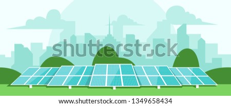 Solar energy. Solar batteries in the middle of a green field. City silhouette on the back. Clear modern design. Simple design template. Beautiful background. Flat style vector illustration.