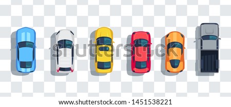 Cars set from above, top view isolated. Cute beautiful cartoon transport with shadows. Modern urban civilian vehicle. View from the bird's eye. Realistic car design. Flat style vector illustration.