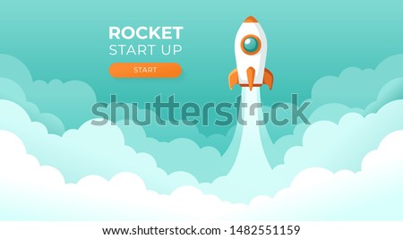 Rocket launch in the sky flying over clouds. Space ship in smoke clouds. Business concept. Start up template. Horizontal background. Simple modern cartoon design. Flat style vector illustration.