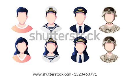 Profession, occupation people avatars set. Pilot, sailor, soldier. Profile picture icons. Male and female faces. Cute cartoon modern simple design. Flat style vector illustration.