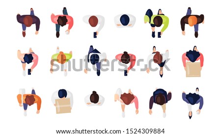 Top view of people set isolated on a white background. Men and women. View from above. Male and female characters. Simple flat cartoon design. Realistic vector illustration. ストックフォト © 