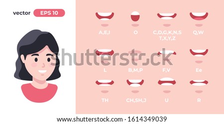 Human mouth set. Woman lip sync collection for animation and sound pronunciation. Character face elements. Emotions: smiling, screaming. Simple cartoon design. Flat style vector illustration.