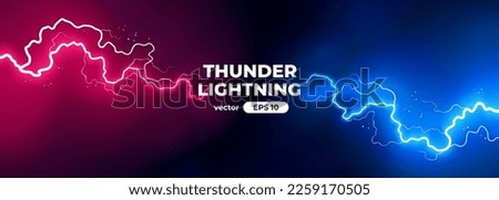 Versus banner. Lightning strikes. Confrontation template, vs battle or fight concept. Red and blue colors. Flash light thunderbolt spark. Realistic transparent neon light. Vector illustration eps10.