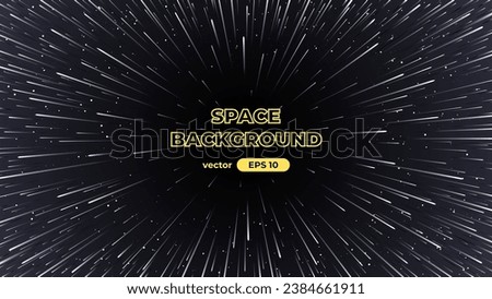 Hyper speed warp jump. Space background with bright shining stars. Star universe. Beautiful nebula. Deep cosmos. Black outer space. Milky way galaxy. Science fiction. Vector illustration eps10.