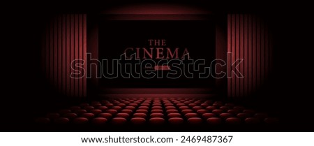 Cinema hall with white blank screen. Rows of seats, red cinema chairs. Theater empty scene. Movie theatre. Realistic render. Flat style cartoon design. Minimalism. Vector eps10 illustration.