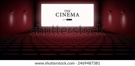 Cinema hall with white blank screen. Rows of seats, red cinema chairs. Theater empty scene. Movie theatre. Realistic render. Flat style cartoon design. Minimalism. Vector eps10 illustration.