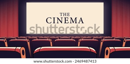 Cinema hall with white blank screen. Rows of seats, red cinema chairs. Theater empty scene. Movie theatre. Realistic render. Flat style cartoon design. Minimalism. Vector eps10 illustration.