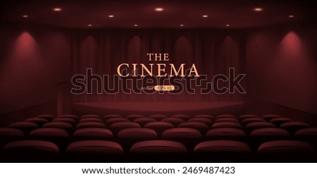 Theater hall with empty scene. Curtains. Rows of seats, red cinema chairs. Movie theatre. Realistic render. Flat style cartoon design. Minimalism. Vector eps10 illustration.