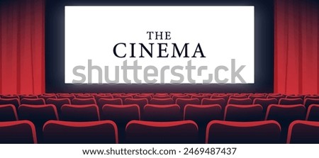 Cinema hall with white blank screen. Rows of seats, red cinema chairs. Theater empty scene. Movie theatre. Realistic render. Flat style cartoon design. Minimalism. Vector eps10 illustration.