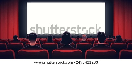 People sitting in cinema hall with white blank screen. View from back. Rows of seats, red cinema chairs. Theater empty scene. Movie theatre. Flat style cartoon design. Vector eps10 illustration.